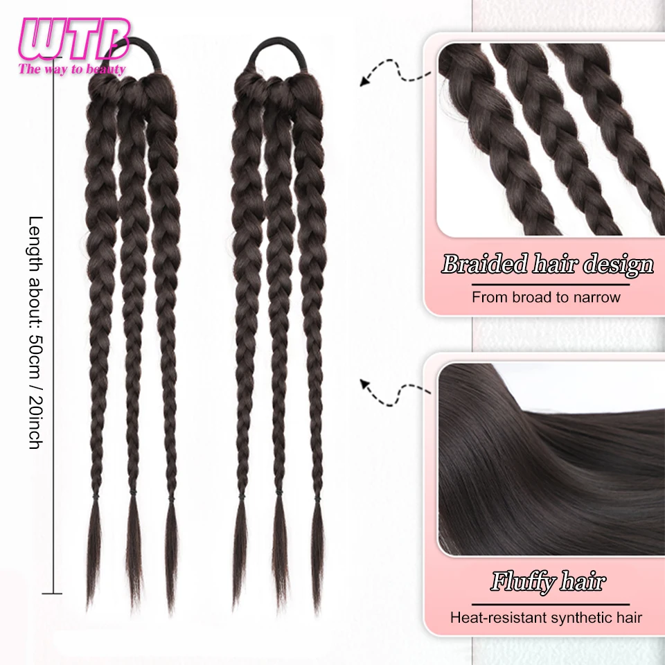 Extensión de cabello sintético trenzado para mujer, coleta con banda de goma, trenzas de boxeo, accesorios para el cabello, trenzas largas negras, 20 pulgadas