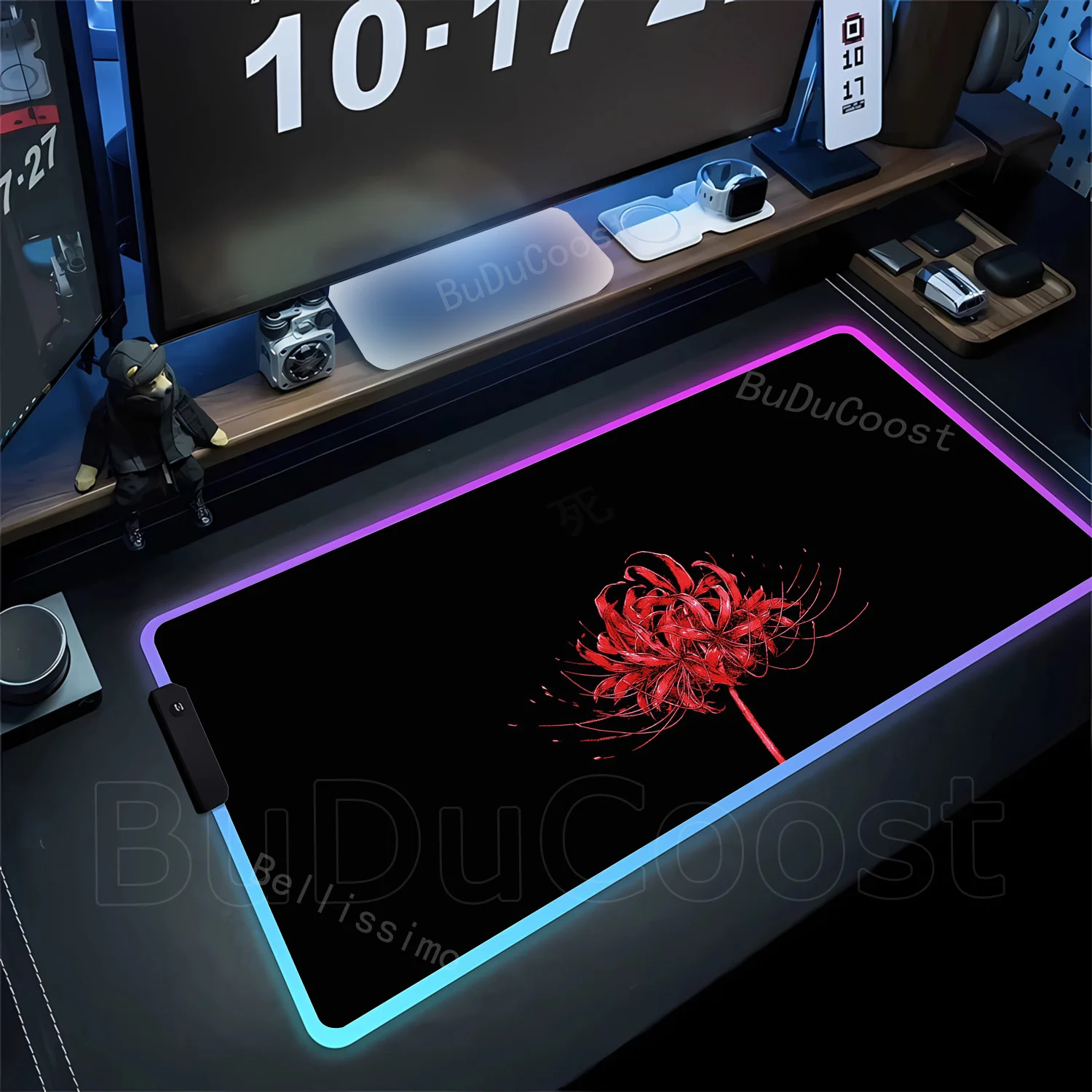RGB Computer Keyboard Accessories Desk Pad with Rubber Hot Black Background Red White Red Spider Lily Mouse Pad Large Gaming