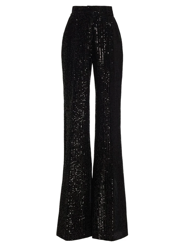 

HIGH STREET Newest 2024 Designer Fashion Trousers Women's BlingBling Charming Sequin Wide Leg Long Pants