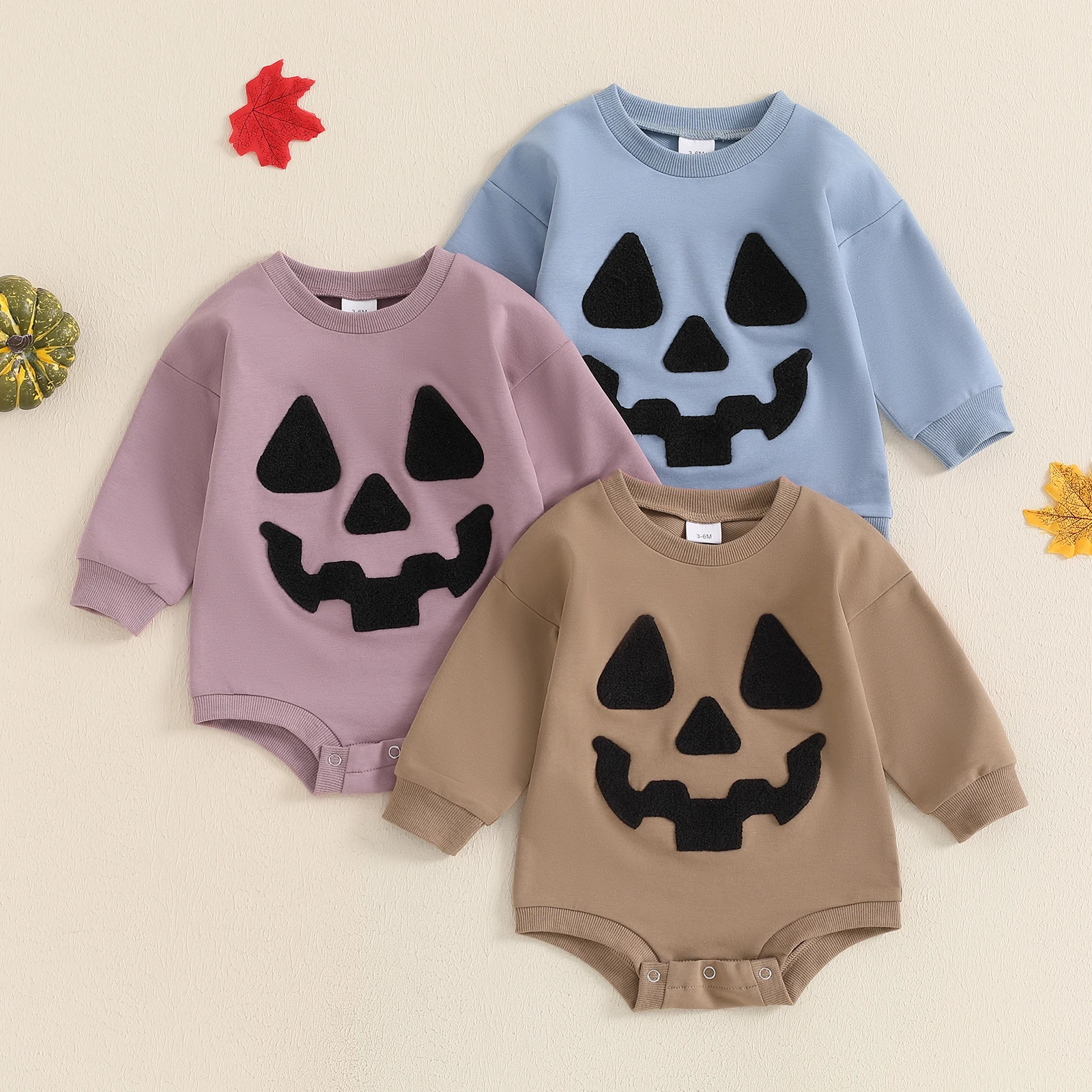 Baby Girls Boys Sweatshirts Rompers Halloween Clothes Pumpkin Face Patch Long Sleeve Toddler Fall Bodysuits