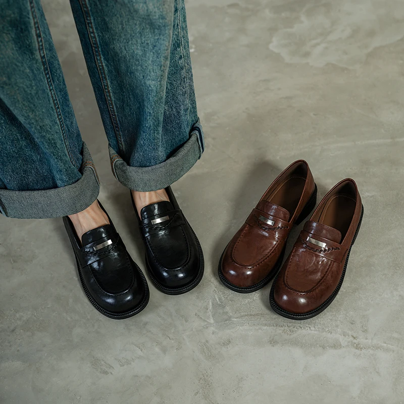 2026 new spring autumn women pumps natural leather 22-25 cm washed cowhide+sheepskin+pigskin round toe women shoes Retro loafers