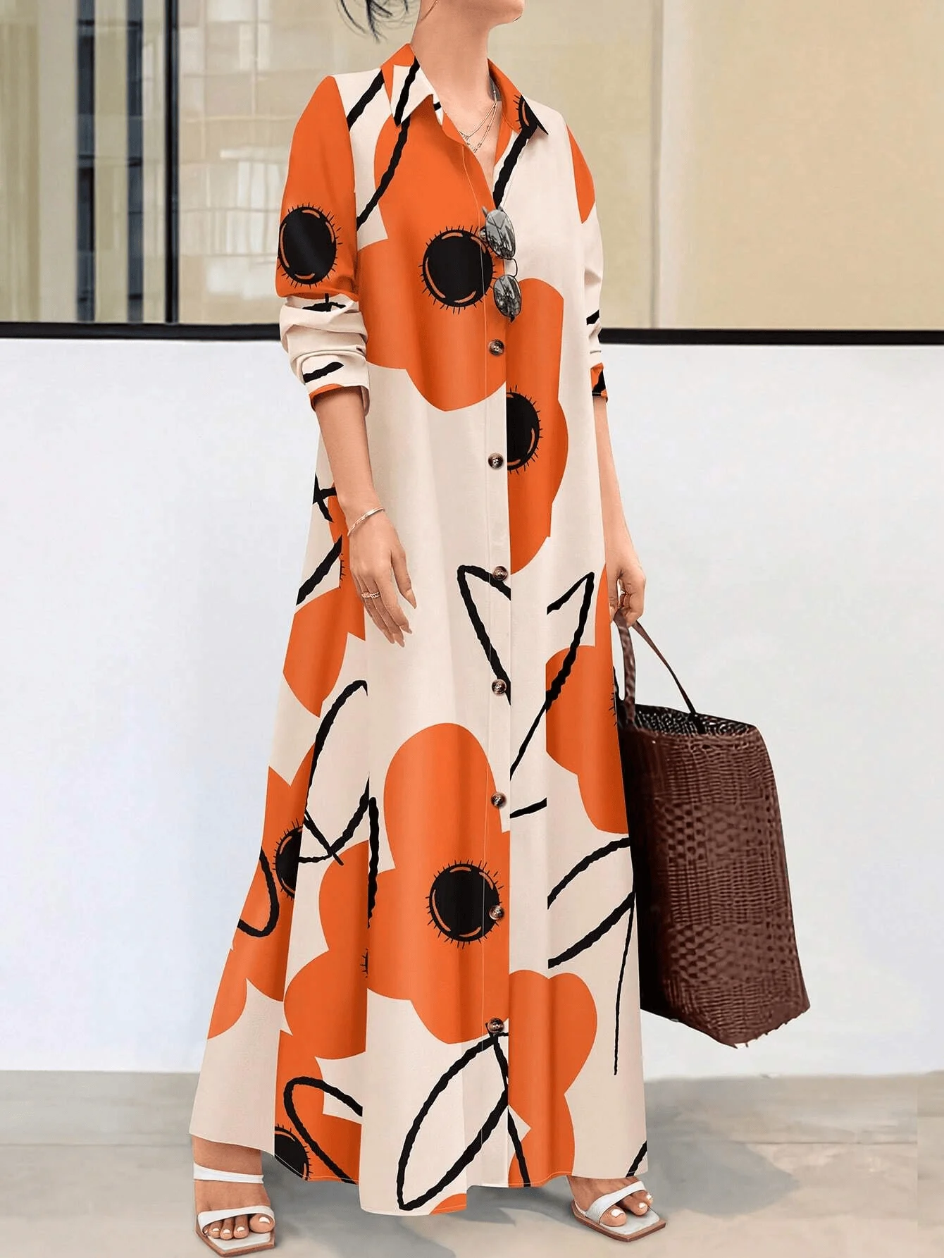 

Women's Long Sleeve Maxi Shirt Dress with Bold Floral Print, Spring Summer Casual Beach Outfit
