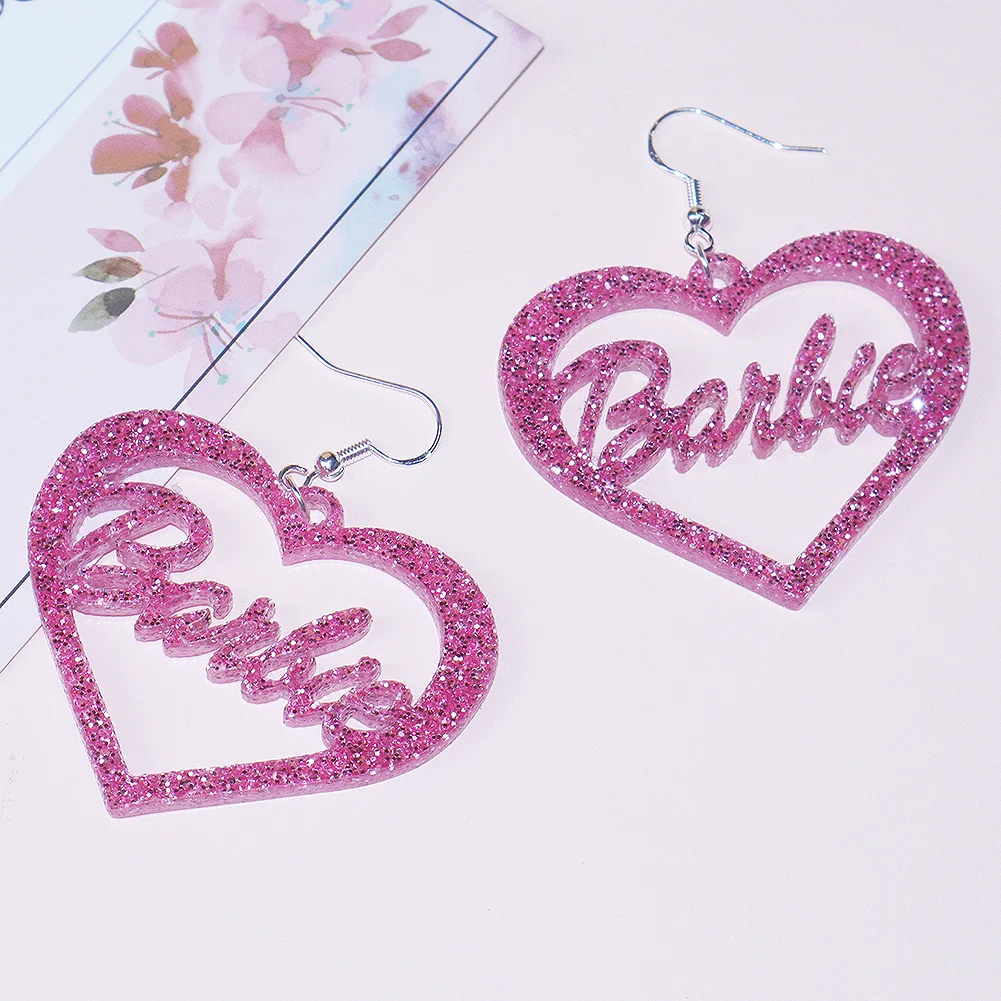 Barbie Brincos Coração para Mulheres e Meninas, Acessórios para Jóias, Design Bonito, Glitter, Acrílicos, Presentes de Festa de Aniversário, Crianças, Moda