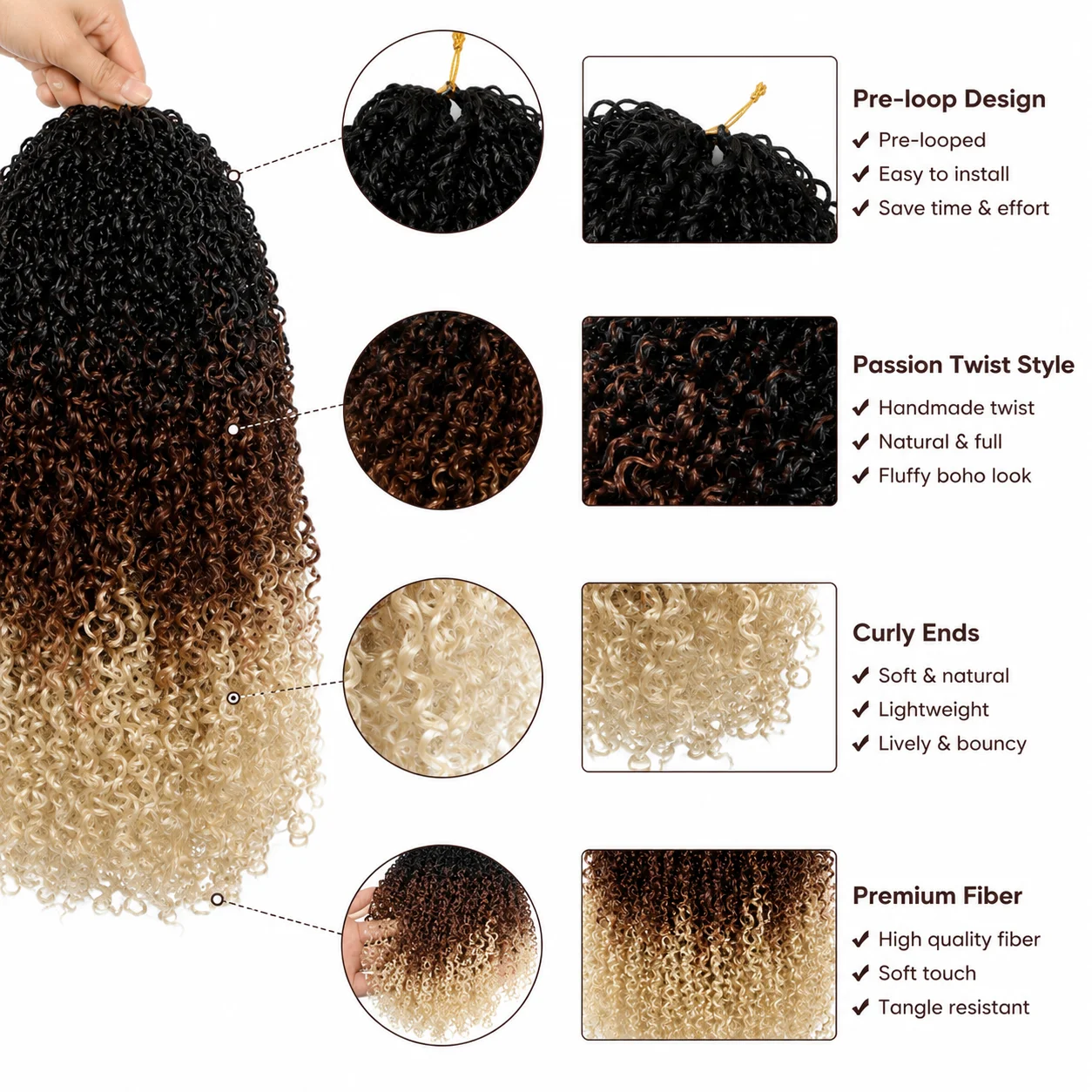 12 Zoll Boho Passion Twist Crochet 1 Stück 30 Stränge Flauschige Lockige Vorgezwirnte Zöpfe Synthetische Haarverlängerungen Schützende Frisur – Detail 3