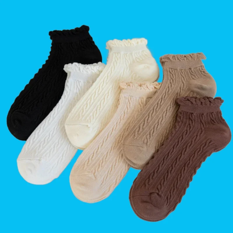 

6 Pairs Solid Women Fashion Cotton Socks Girls Cute Crimped Stripes Dots Short Ankle Socks Breathable High Quality Casual Socks