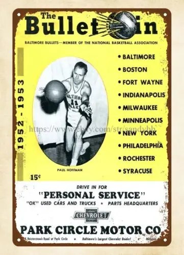 1952  Baltimore Bullets v Rochester Royals Basketball Program metal tin sign