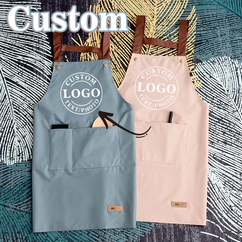 Personalized Custom Text Logo Apron with Pockets Adjustable Neck Kitchen Apron Easy-Clean Unisex BBQ Thanksgiving Gift