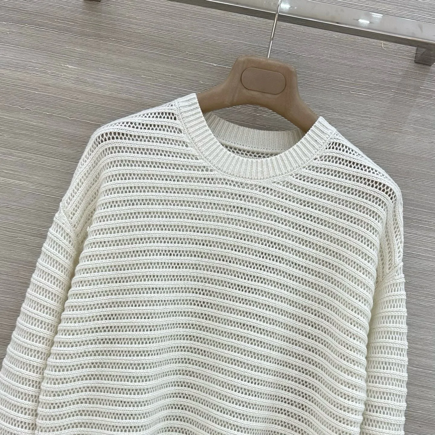 Minimalist Sheer Striped Open Knit Sweater for Women, Sparkle Yarn Crew Neck Loose Long Sleeve Layering Top