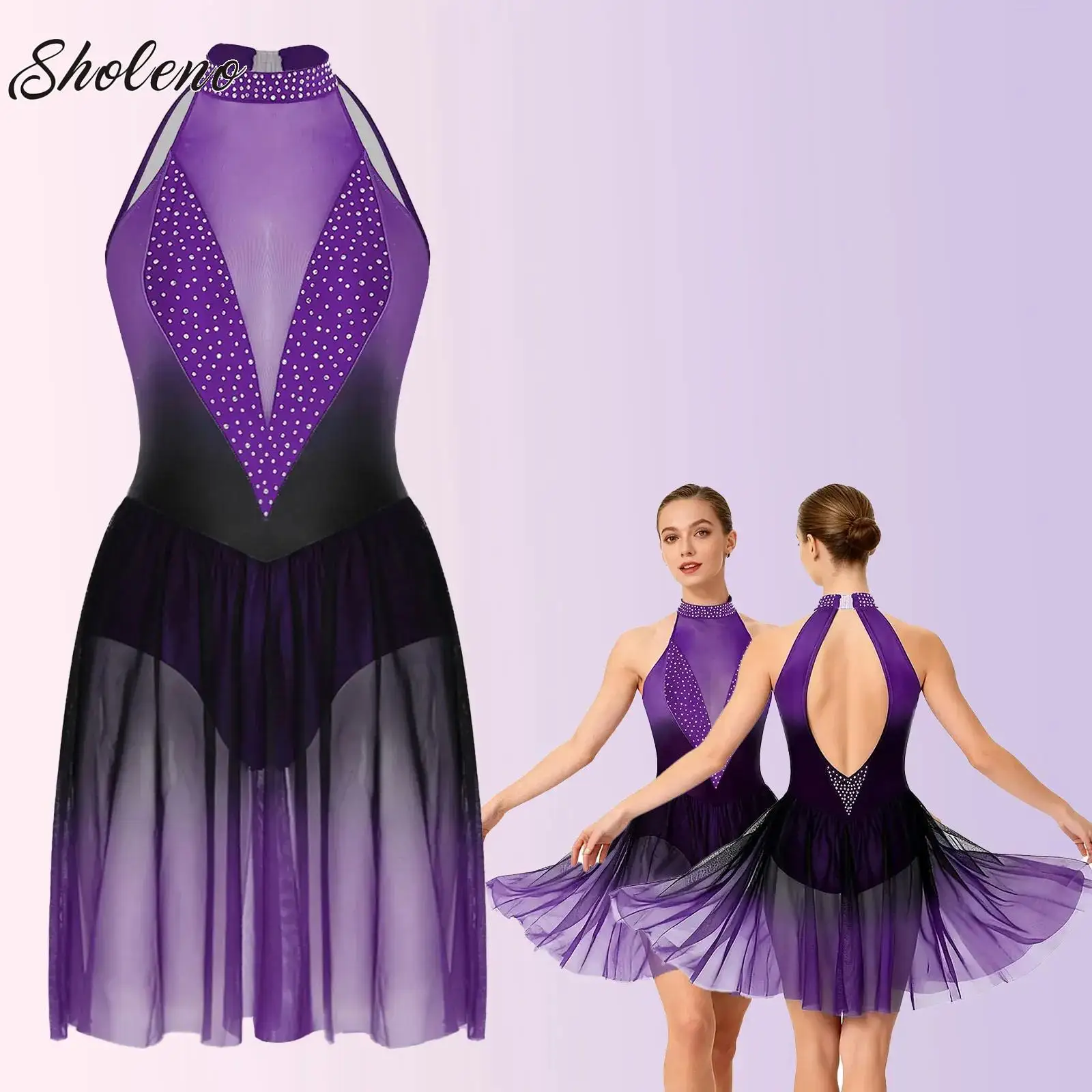 

Lyrical Dance Dress Costume for Women Figure Skating Sleeveless Lyrical Dance Performance Dress Rhinestones Gymnastics Leotard