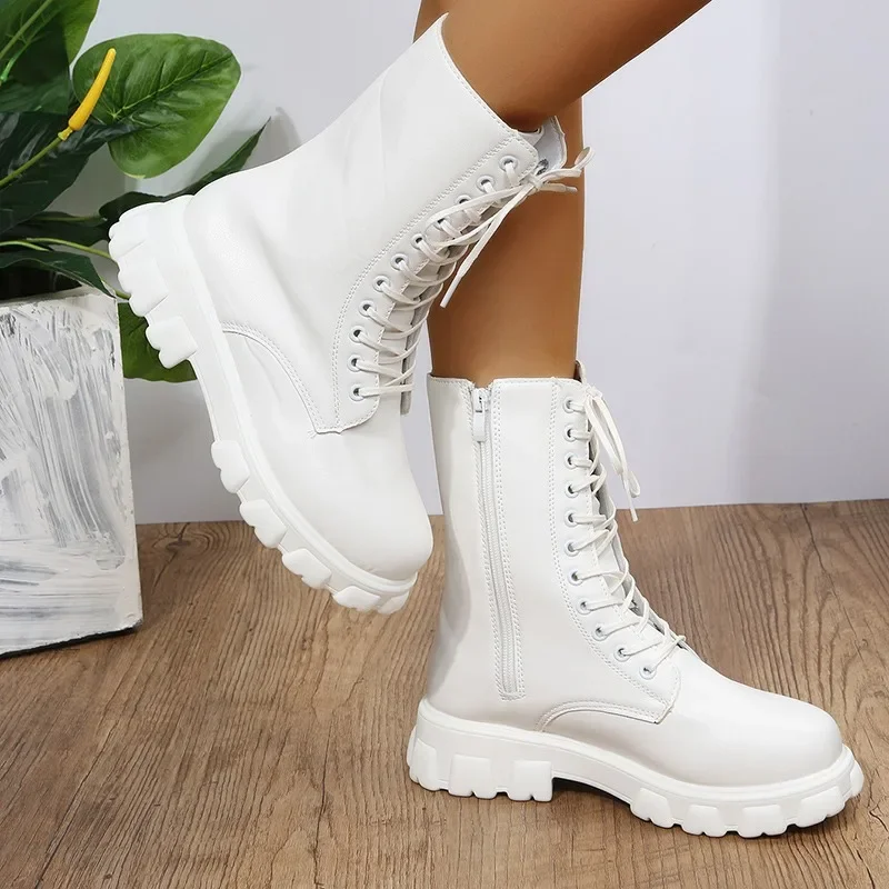 

2024 Hot Sale Ladies Shoes Mid-Calf Women's Boots Plus Size Modern Boots Women Lace-up Round Toe Med Heel Side Zip Female Shoes