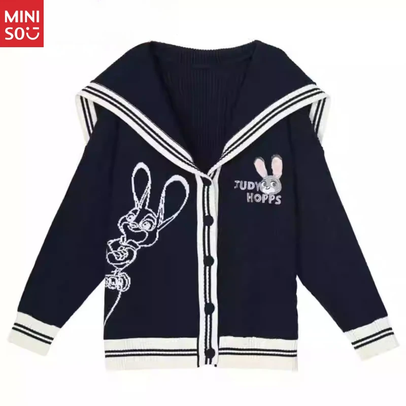 

Miniso Zootopia College Cardigan, Navy Collar Sweater, Women's Lazy Knit Coat