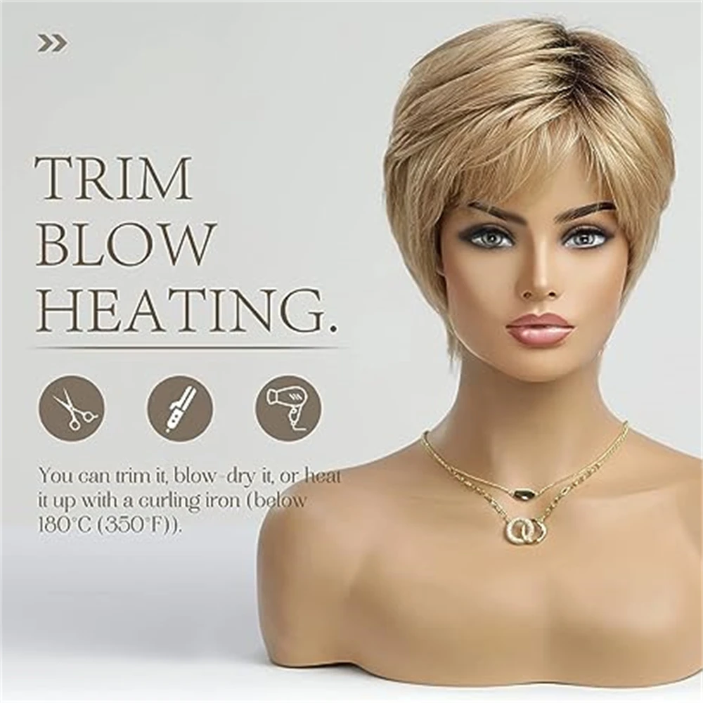 Blonde Human Hair Wigs Dark Root Short Pixie Cut Bob Wigs Machine Made Remy Human Hair Wig for White Women Daily Heat Resistant