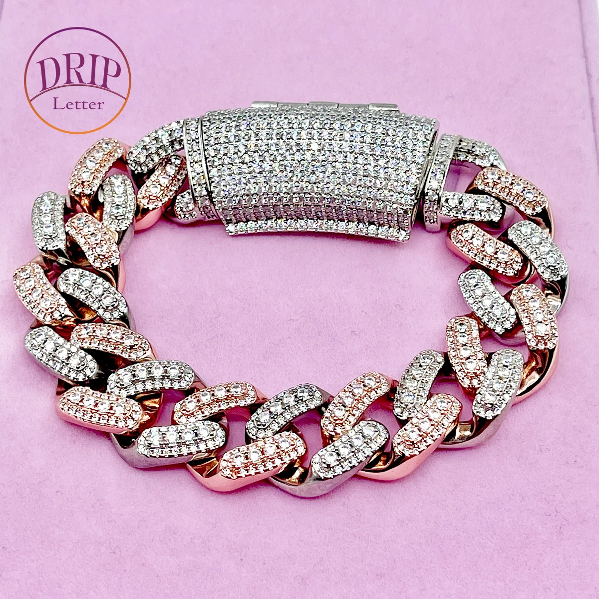 

Drip Letter Iced Out Cuban Link Bracelet for Women Two Tone Prong Setting Cubic Zirconia Hip Hop Jewelry 2023 Trend