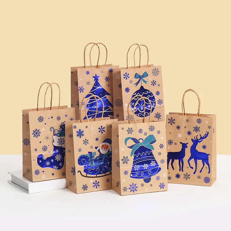 100PCS Blue Christmas ToteBags Cartoon Printed Kraft PaperBags Party Gifts Gift Bags Candy Wrapping Bags Wholesale