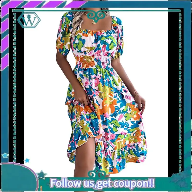 A09P Abiti casual estivi da donna 2025 Primavera Manica a sbuffo Collo quadrato A-Line Flowy Boho Abito longuette smock floreale