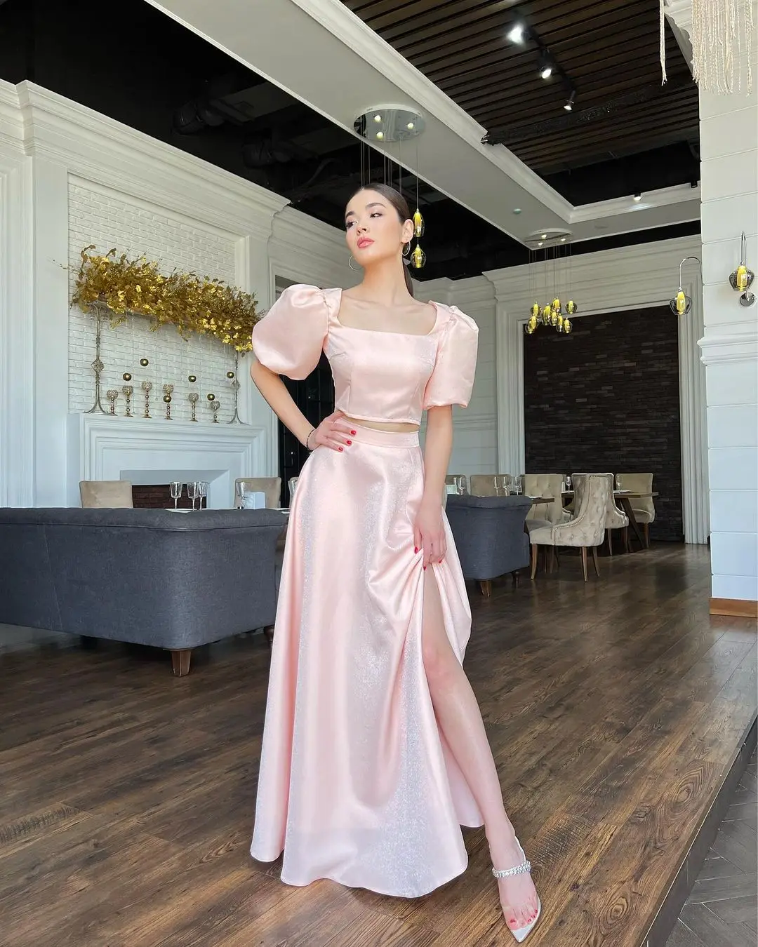 

Carolina Light Pink Short A Line Satin Evening Dress Short Sleeves Strapless Formal Night Club Party Dress Women Prom Gowns