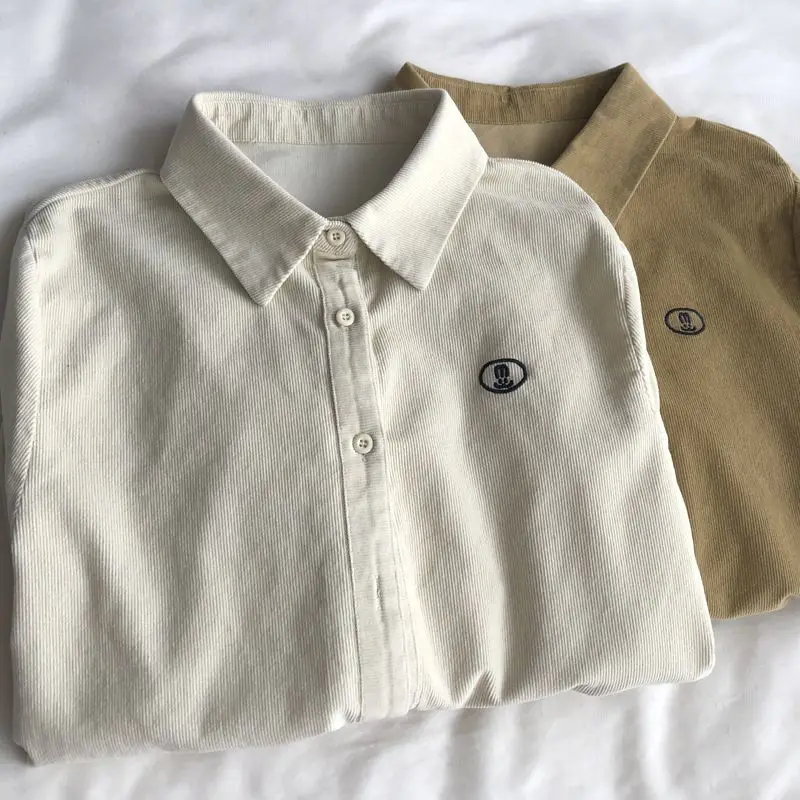 

Women Clothes Polo Neck Embroidery Youth Korean Blouse Spring Autumn New Long Sleeve Solid Loose Casual Shirt Tops Fashion Trend