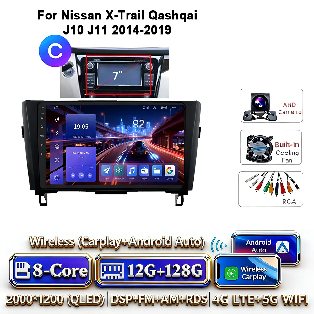 8-Core Android 17 2Din autoradio voor Nissan X-Trail Qashqai J10-J11 2014-2019 draadloze Carplay 4G GPS DSP BT dubbele lens