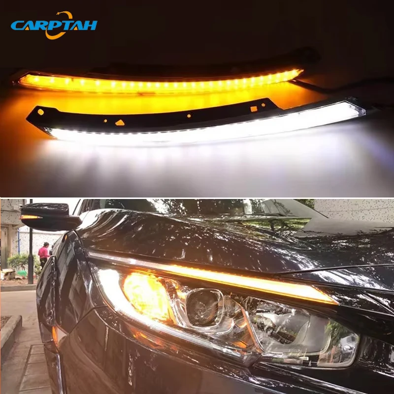 Car LED DRL 12V Daylights For Honda Civic 2016 2017 2018 Yellow Turn Signal Indicator Daytime Running Light Fog Lamp Headlight