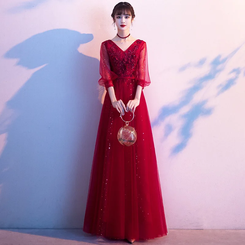 

Ele Long Wedding Dr New 2024 Autumn Wine Red Evening Gown for Wedding Banquet Fem Cusizable Ele Sle