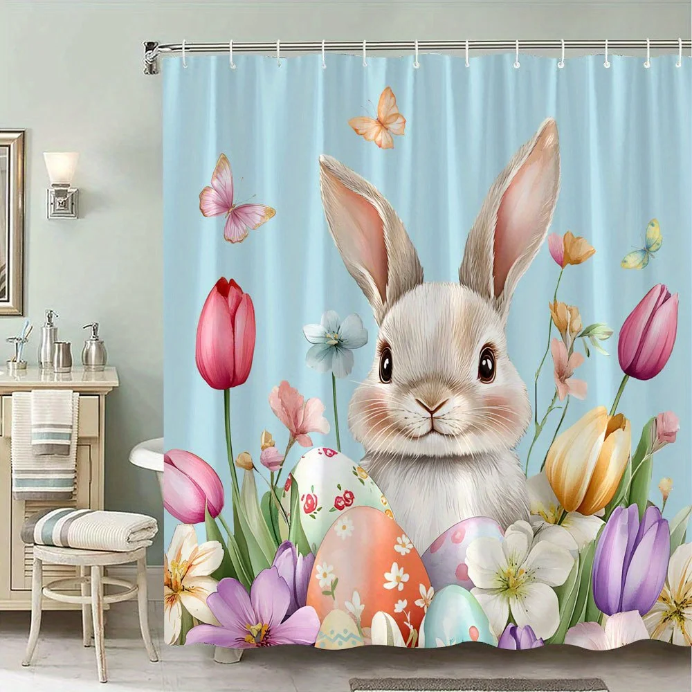 1pc 2D Flat Shower Curtain, White Bunny Pastel Tulips Butterflies Spring Flowers Printed Shower Curtain, Decor for Bathroom