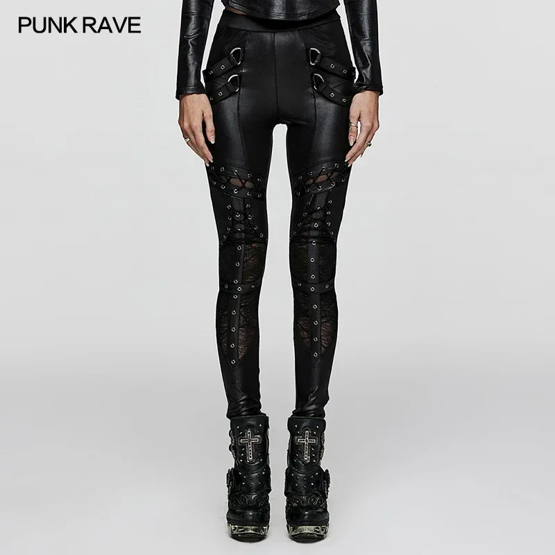 

PUNK RAVE Women's Punk Geometrically Divided Textured Knit & Spliced Basic Leggings gothic Sexy Cross Trousers