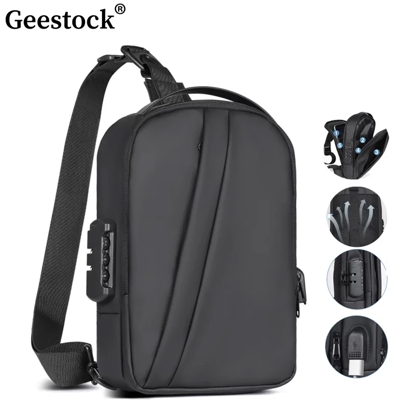 Męskie torby na ramię Geestock, antykradzieżowa torba sling, wodoodporna torba crossbody USB z Oxfordu, krótka podróżna torba kurierska na klatkę piersiową dla mężczyzn.