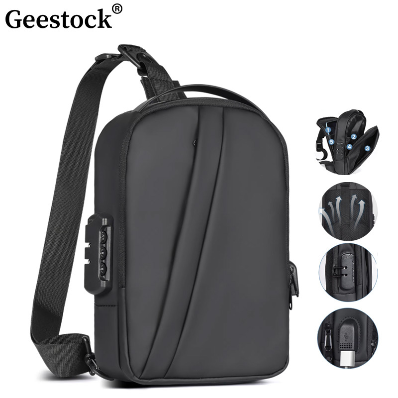  Geestock Men's Shoulder Bags Anti-Theft Sling Bag Waterproof Usb Crossbody Oxford Bag Short Travel Messenger Chest Pack For Male 