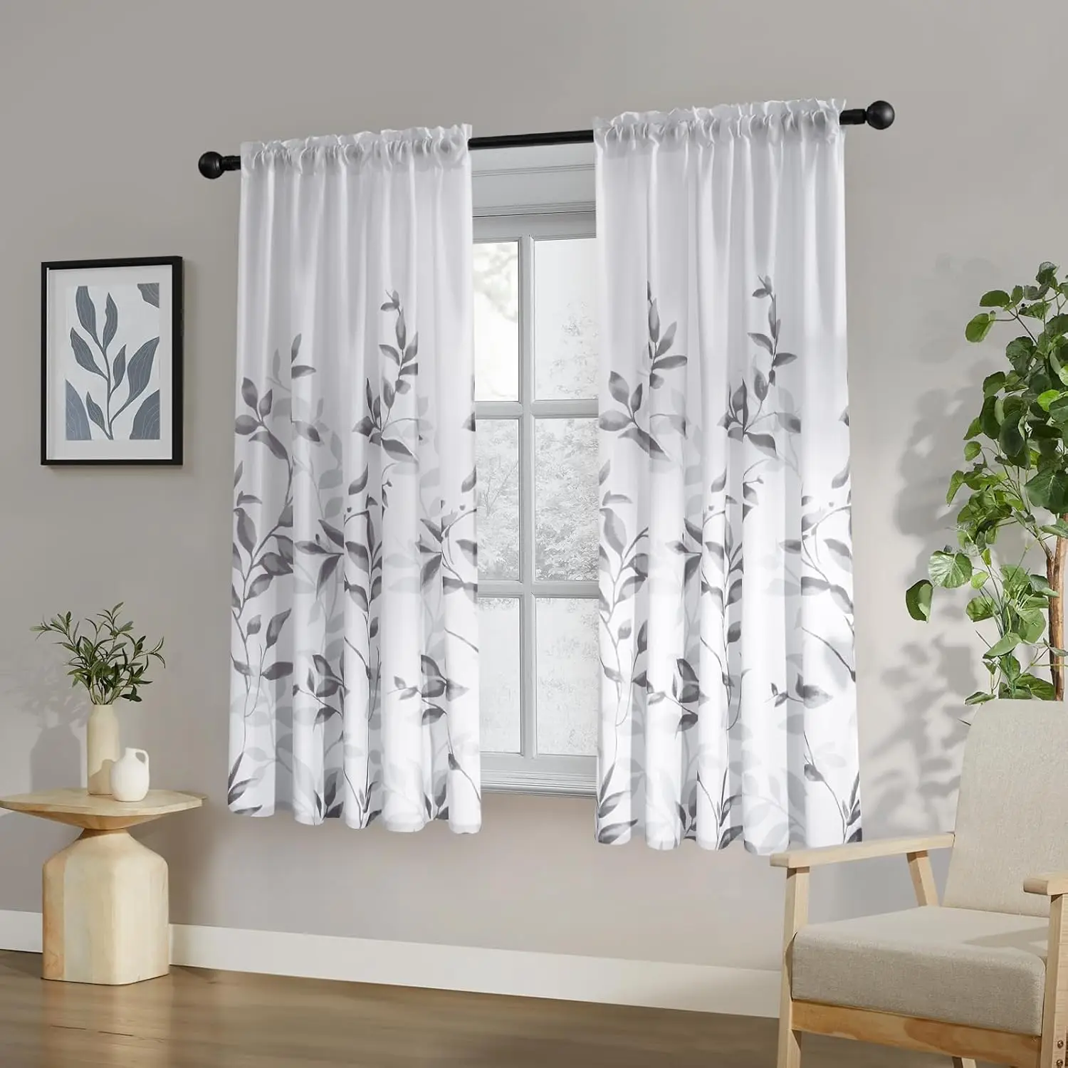 

Non-See-Through Light Grey and White Privacy Sheer Curtains 52 X 63 Inch Length 2 Panels, Leaf Floral Printed Light Filt