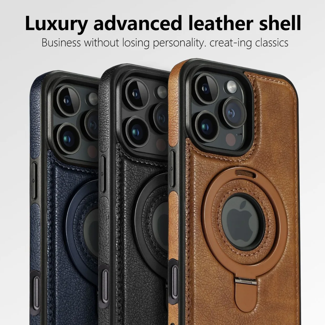 Faux Leather Magnetic Phone Case for iPhone 18 Pro Max with Metal Ring Stand Raised Edges and Stitched Details for Office Trave