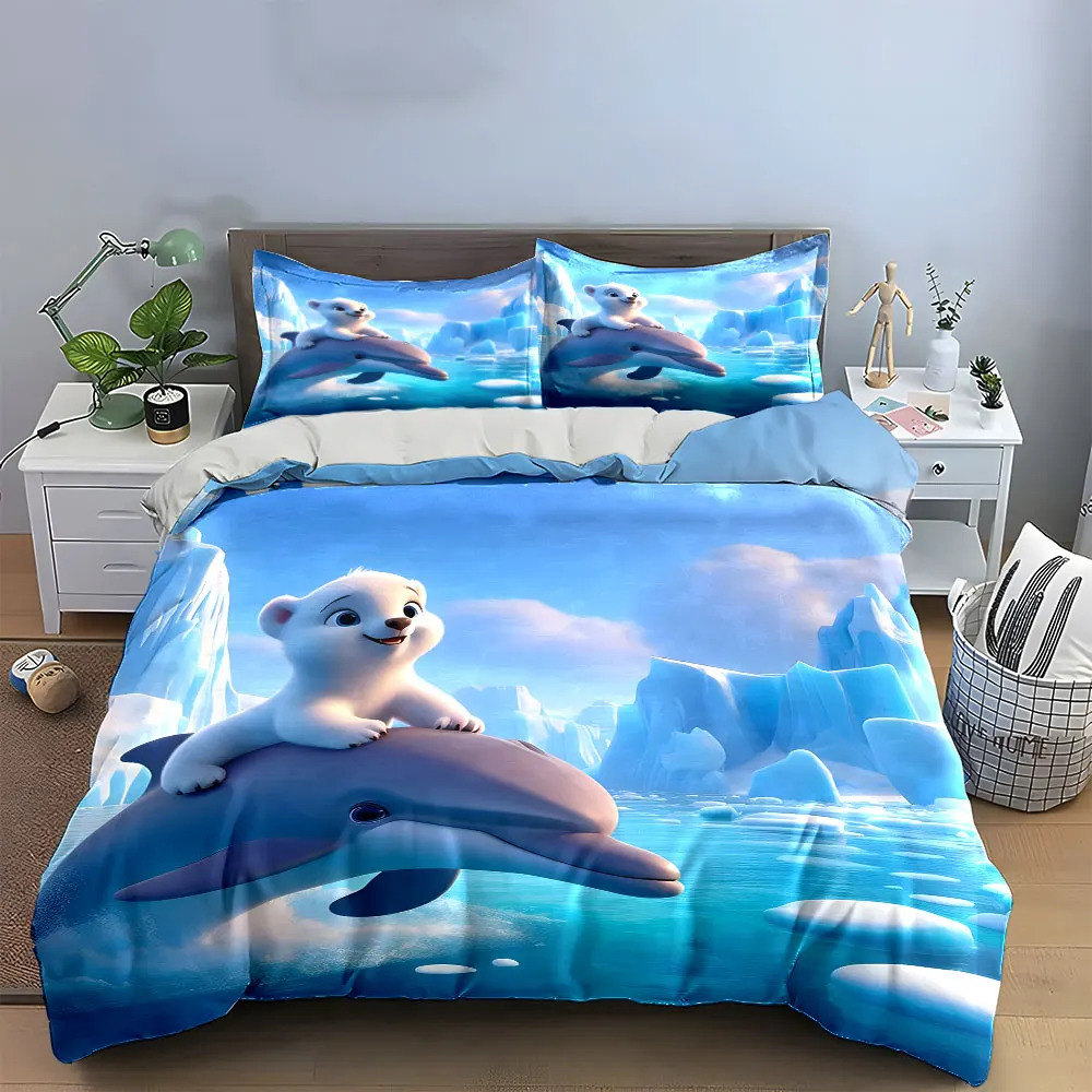 Cute Polar Bear On Dolphin Arctic Duvet Cover Set, Cartoon Ocean Kids Bedding Includes 1 Duvet Cover And 2 Pillowcase, Gift