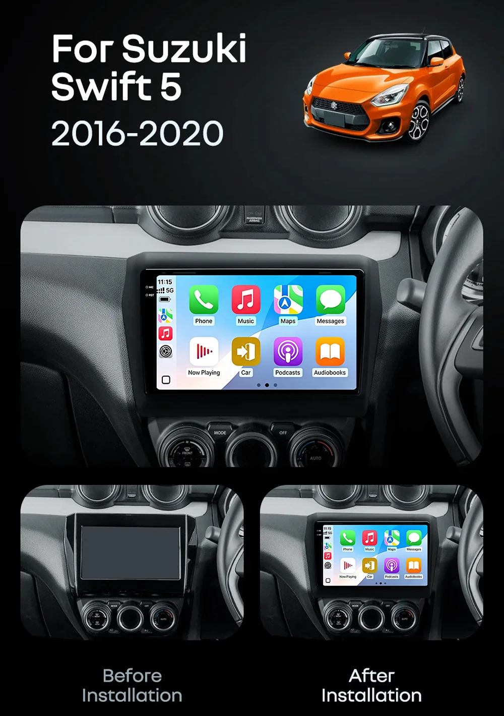 Android 16 CarPlay Auto For Suzuki Swift 5 2016 - 2022 Car Radio Stereo GPS Navigation Multimedia Player Wireless WIFI BT FM