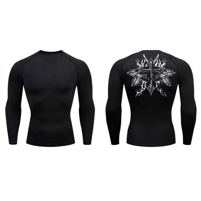 2026 Vintage Cross Print Men's Sports T-shirt Training Fitness Compression Shirt Gothic Pattern Sport T-Shirts Gym Fitness Tops