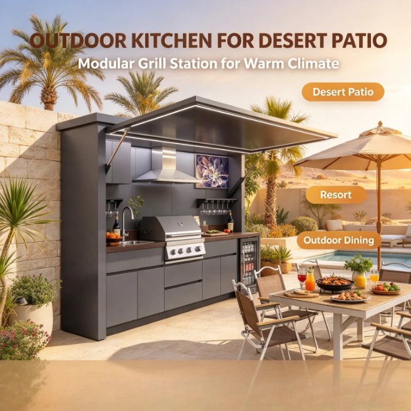 Customized   Outdoor Kitchen Cabinet Patio Outdoor Cooking Center Built-in Gas Grill Sink Storage Cabinets With LED Canopy