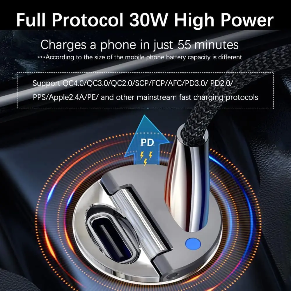 Mini Dual PD 30W Car Charger Pull Ring Fast Charging USB C Phone Charger Adapter For iPhone 17 16 15  Pro Xiaomi Samsung Huawei