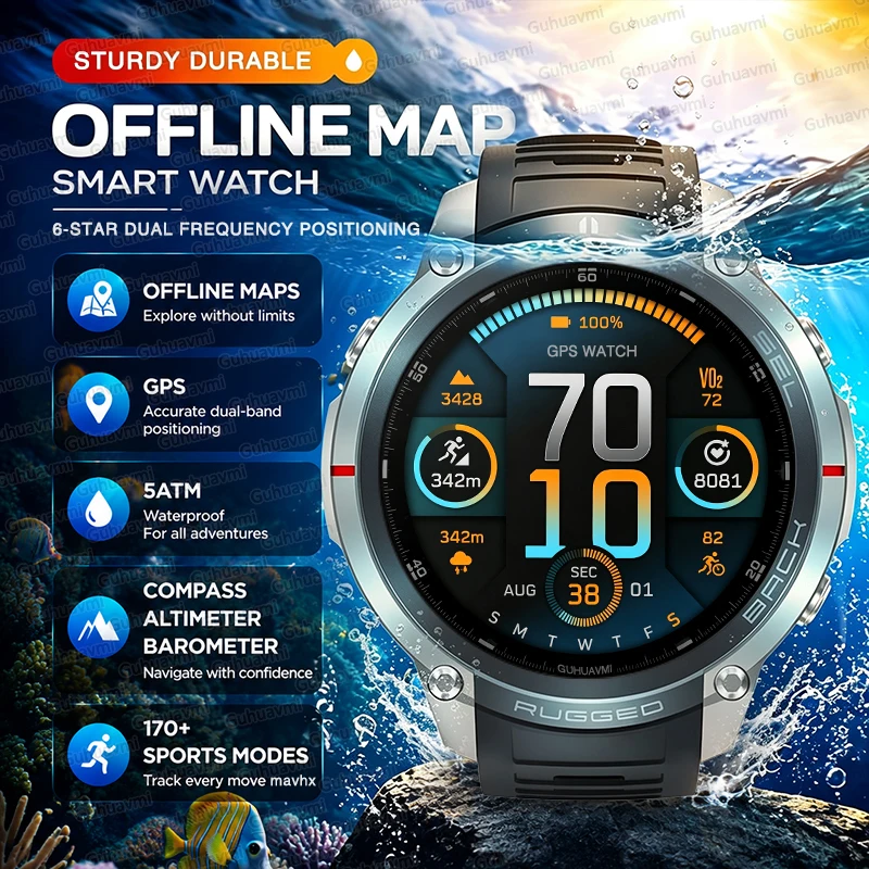 Montre connectée GPS Man 52mm Premium 2026, étanche 5ATM, bracelet professionnel, carte hors ligne intégrée, navigation extérieure