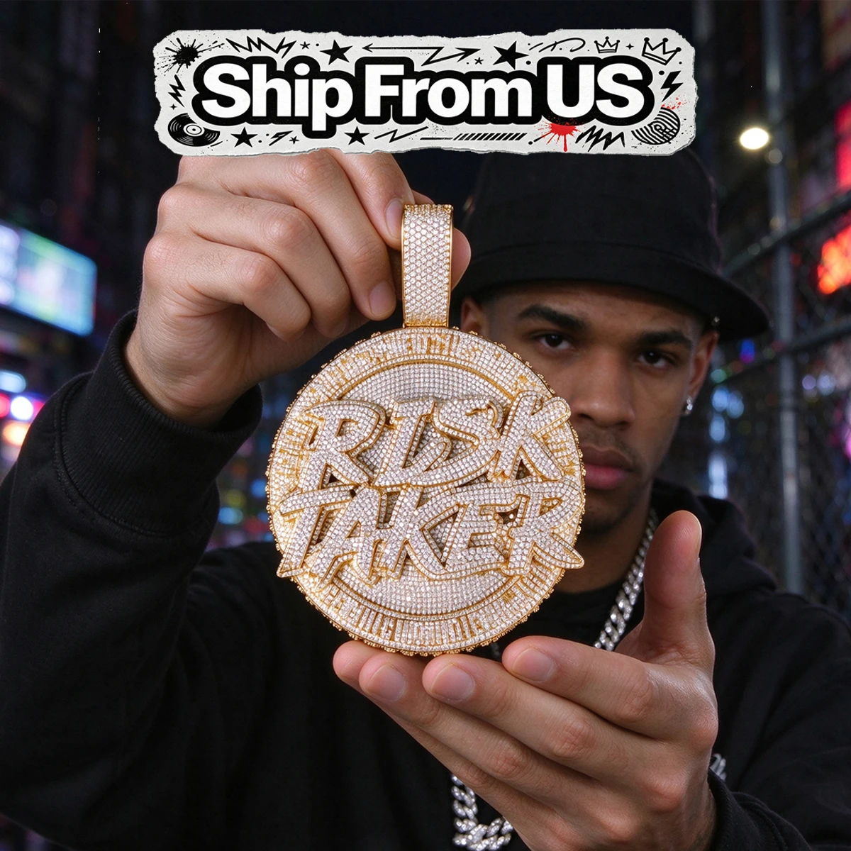 Bold 3D Letter Round Medallion Hip Hop Statement Jewelry For Men Streetwear Rap Bling Charm Necklace Rapper Party Stage Club Accessory Iced Out Risk Taker Circular Pendant Fully Micro Paved CZ 18K Gold Plated Fine Jewelry Gifts For Male Women Boy Friends