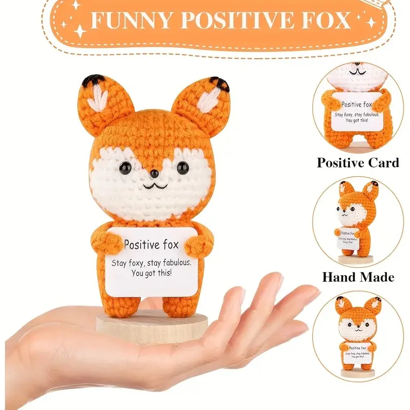 تمثال ثعلب إيجابي مصنوع يدويًا من الكروشيه مع بطاقة رسالة ملهمة، ثعلب متماسك لطيف باللون البرتقالي والأبيض للدعم العاطفي للمنزل #4