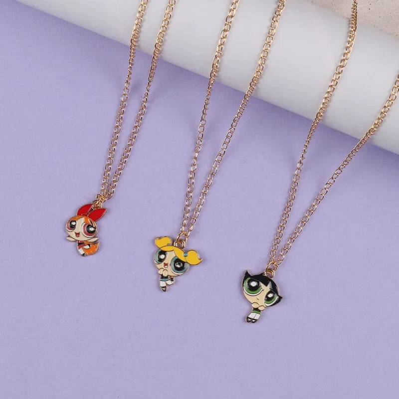 Cartoon Powerpuff-Girls Necklaces Girl Kawaii Anime Figure Jewelry Accessories Toys Cute Cartoon Alloy Pendant Children's Gifts