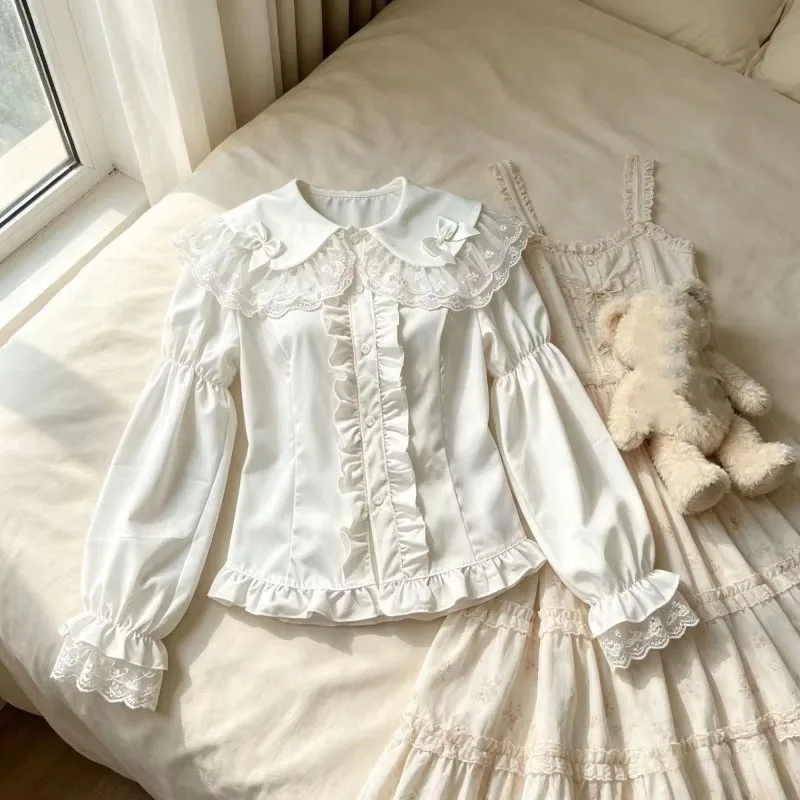 White Shirts Women Lolita Sweet Lace Bow Peter Pan Collar Ruffled Button Up Blouses Autumn New Fashion Y2k Vintage Tops