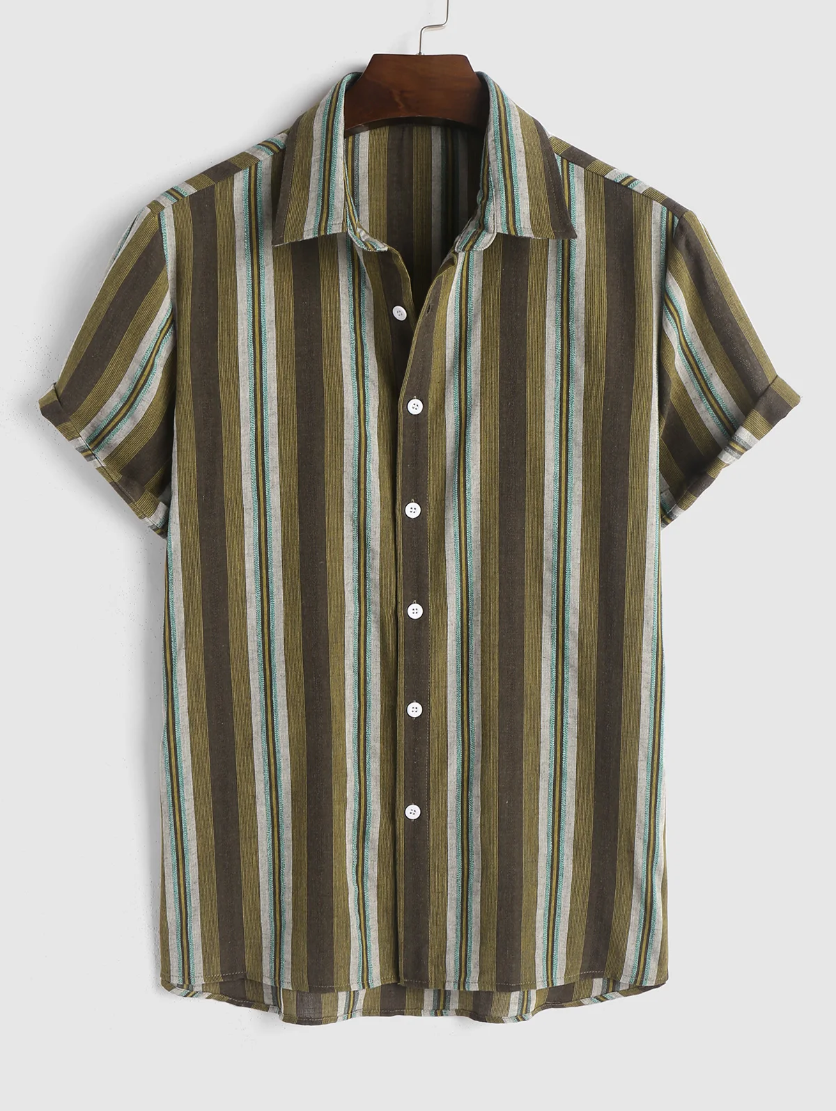 

Short Sleeves Vertical Striped Cotton and Linen High Low Beach Vacation Shirt