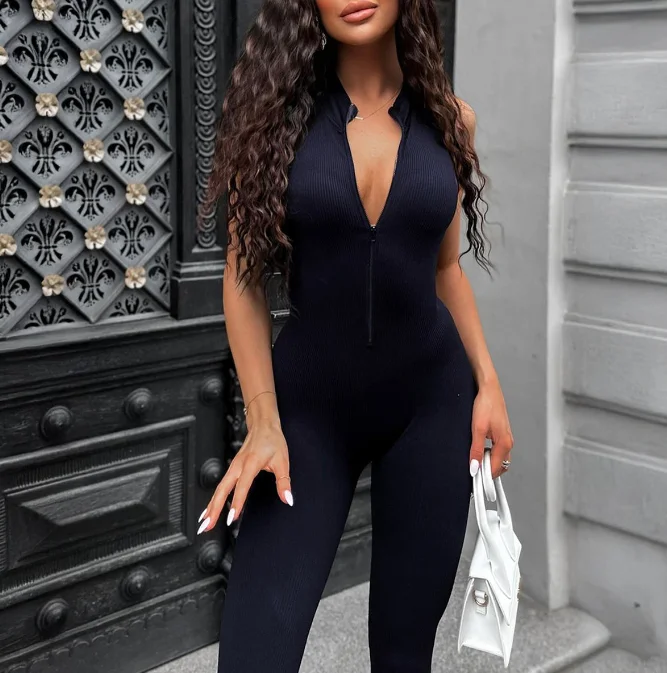 2025 Spring/summer Sexy Elegant Y2K Casual Sports Style Solid Color Tight Fitting Deep V-Sleeveless Jumpsuit Women's Clothing