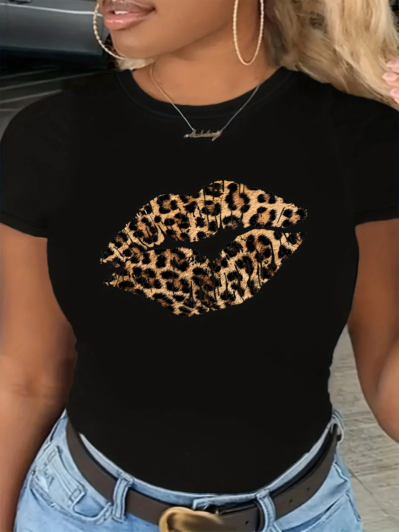 

Summer women's leopard print lip print casual plus round neck short sleeved comfortable breathable T-shirt top