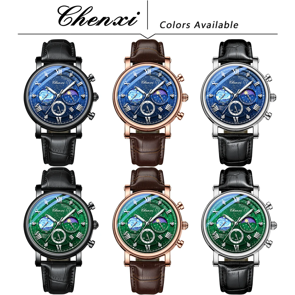 CHENXI Watches Luxury Men Waterproof Star Luminous Watch For Man High Quality Quartz Chronograph Leather Wristwatches Clock Male