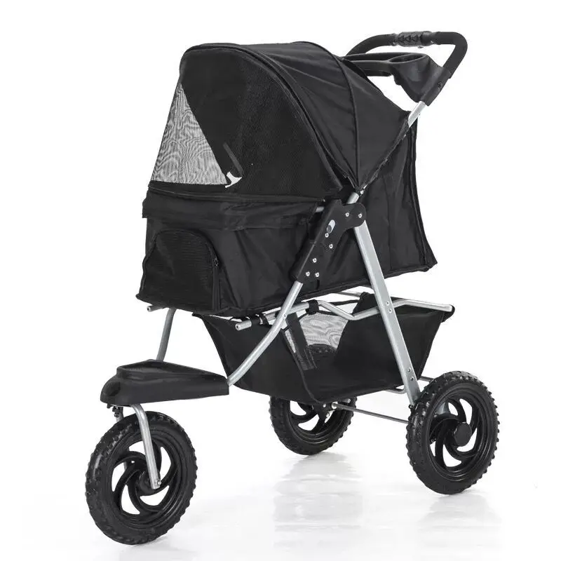 Carrinho de transporte para cães dobrável de grande espaço, fácil de transportar, viagem com 3 rodas, material oxford sólido, fecho com zíper