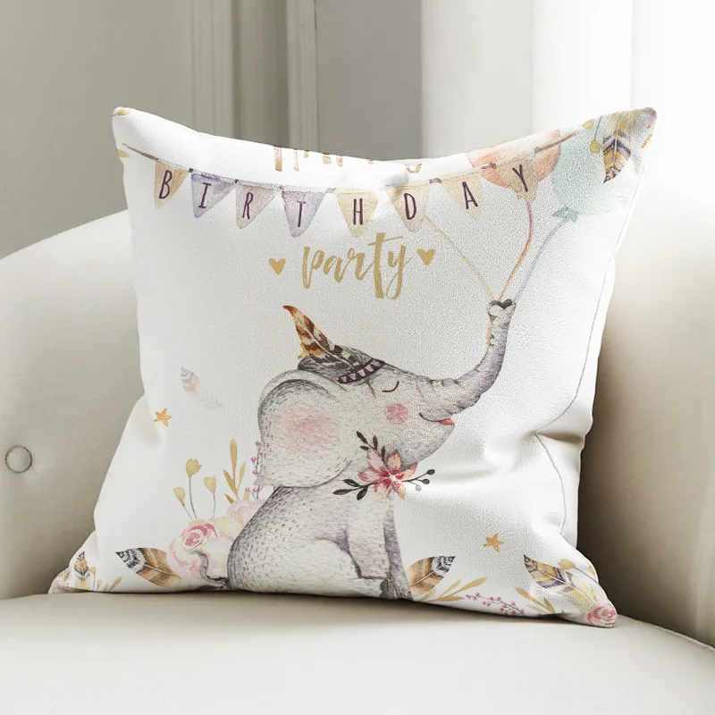 

Elephant Birthday Party Pillow Cover, Watercolor Animal Print Cushion Case, Kids Sofa Bedroom Decor Pillow