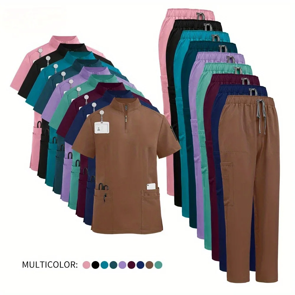 

Nurse Uniform Workwear Women Short Sleeved Zipper-neck Scrub Suit Nursing Uniform Clinic Doctor Working Clothes