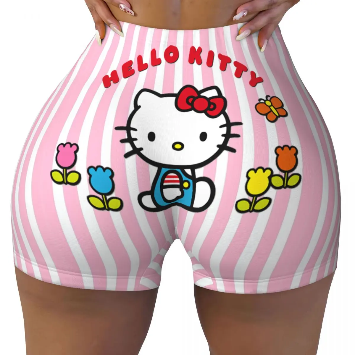 

Custom Hello Kitty Cat Biker Running Gym Shorts for Women Anime Cartoon Athletic Workout Yoga Shorts