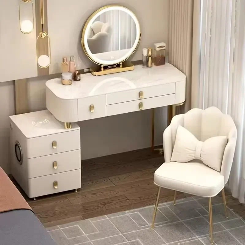 Small Makeup Vanity Desk with Mirror, White Pink Gray Vanity Table Set with Storage Drawer Bedroom