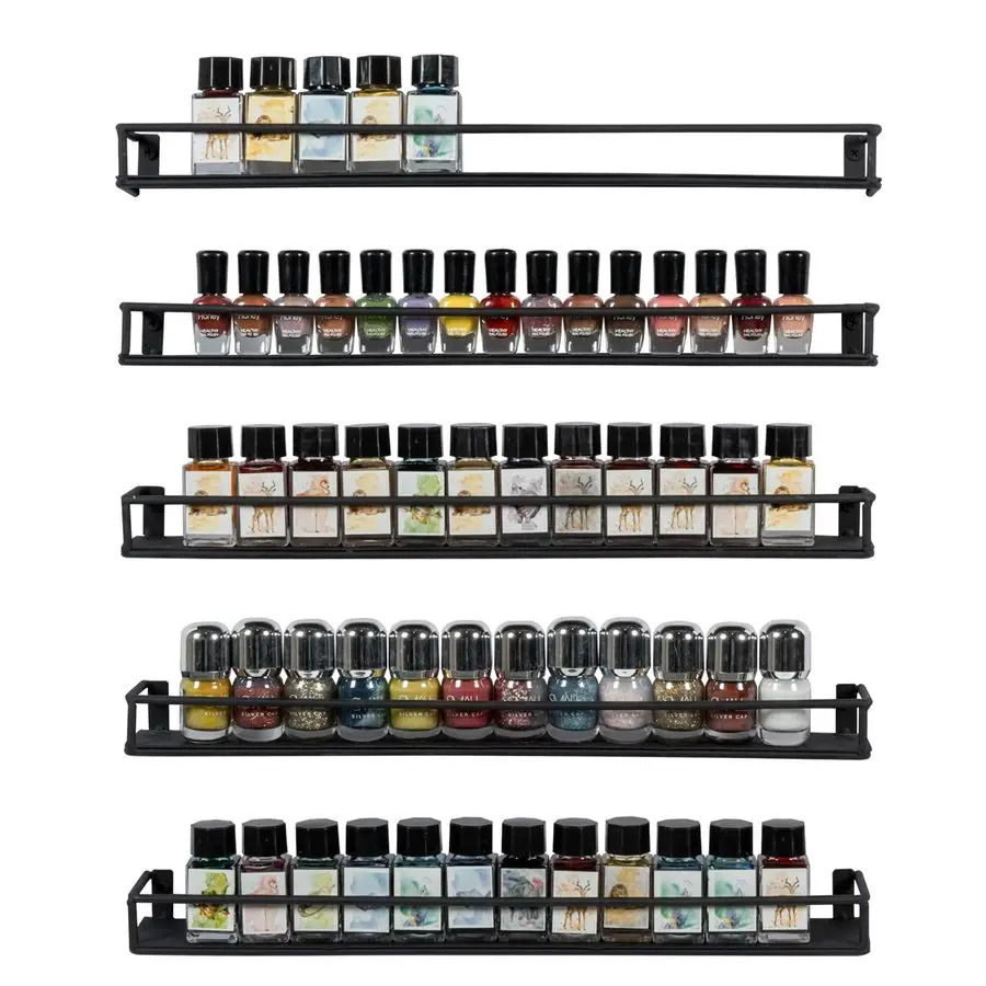 

16 Inch Wall Mounted Black Metal Nail Polish and Essential Oil Display Shelves, Kitchen Hanging Racks for Seasoning Shakers or S